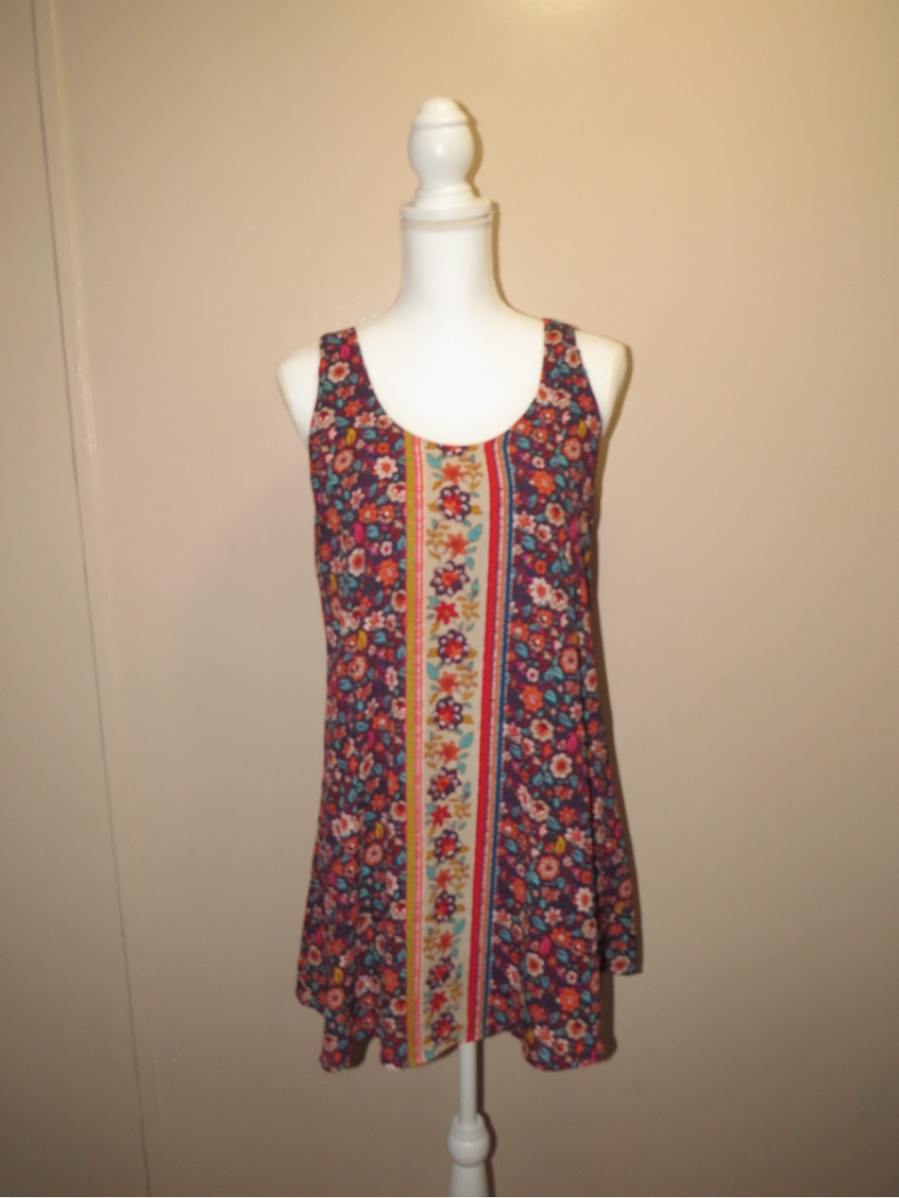 As U Wish Floral Sleeveless A-Line Tank Dress with Center Border